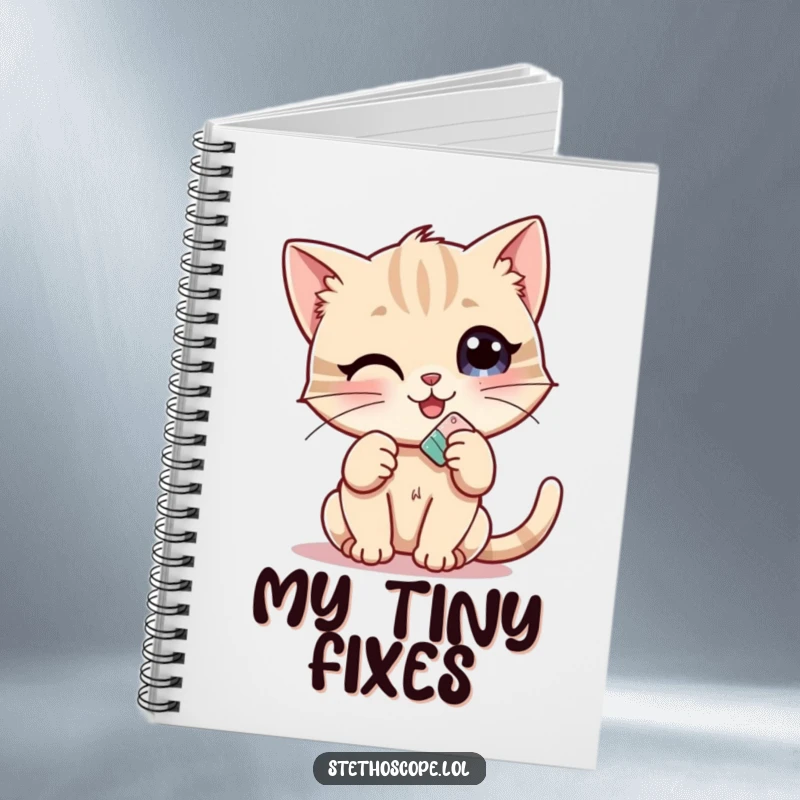 Funny Kitten Doctor Notebook: A cheerful kitten character with a tiny bandage, ready to record humorous thoughts and plans.