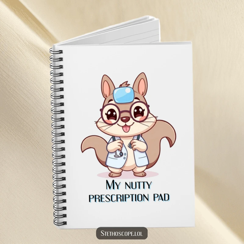 Funny squirrel doctor notebook, featuring a cheerful squirrel character holding a tiny bandage, ideal for note-taking.