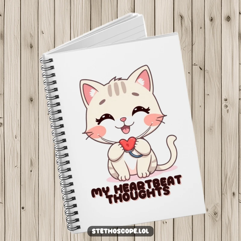 Funny cat doctor notebook, a stylized happy cat checking a heartbeat with a stethoscope, humorous stationery gift.