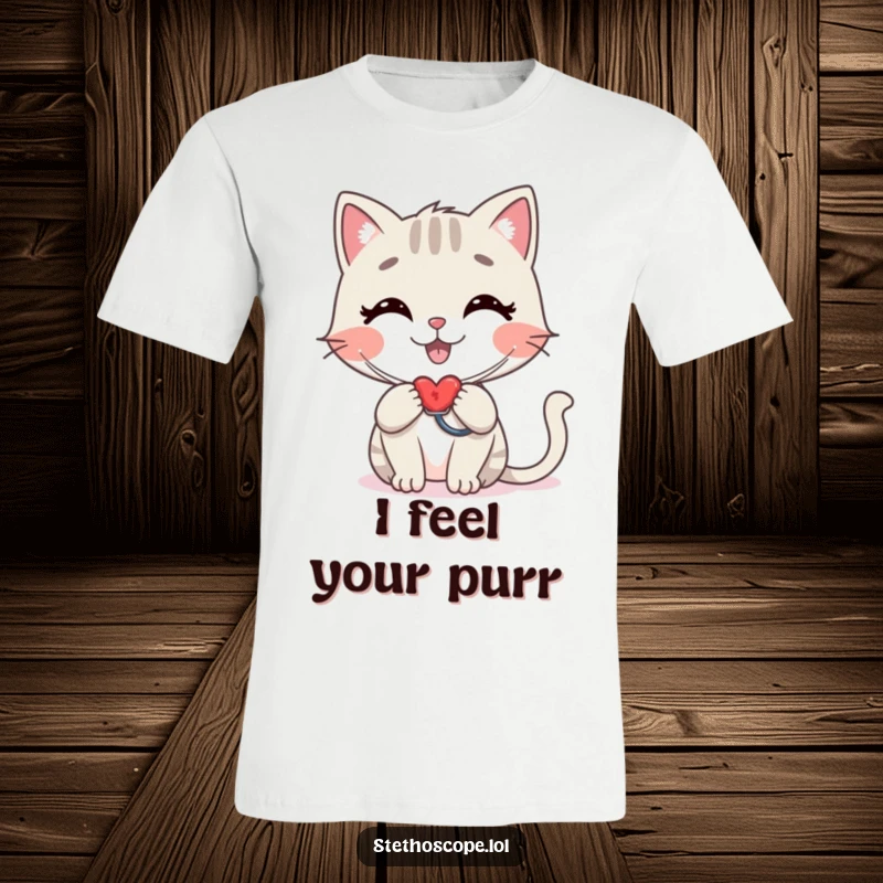 Funny cat doctor t-shirt, a stylized happy cat checking a heartbeat with a stethoscope, ideal for humorous apparel.