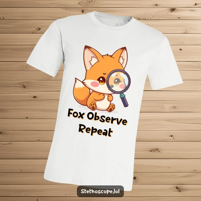 Funny fox t-shirt, a playful small fox examining a magnified image with curious eyes, ideal for humorous apparel.