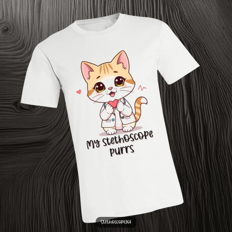 Funny cat doctor t-shirt, a curious feline listening to a heartbeat, showcasing medical humor and charm.