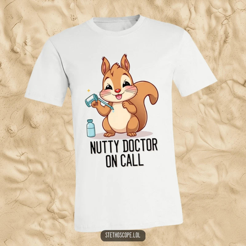 Funny Squirrel Doctor T-Shirt: A happy squirrel offering pretend medicine, symbolizing quirky care and humorous health advice.
