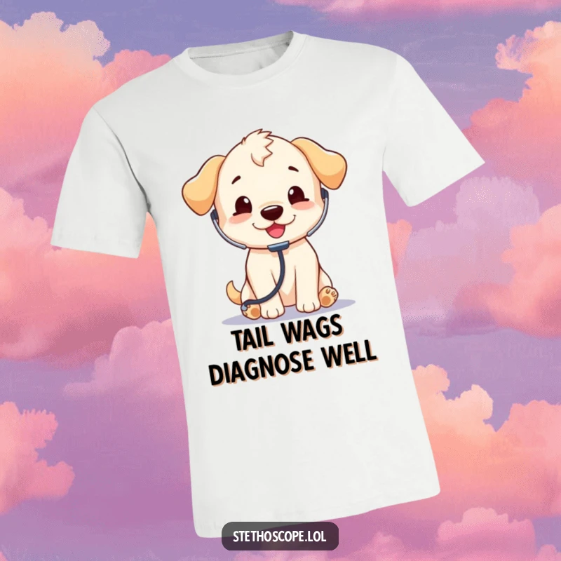 Funny Puppy Doctor T-Shirt: A happy puppy with a stethoscope, ready to diagnose your need for a laugh.