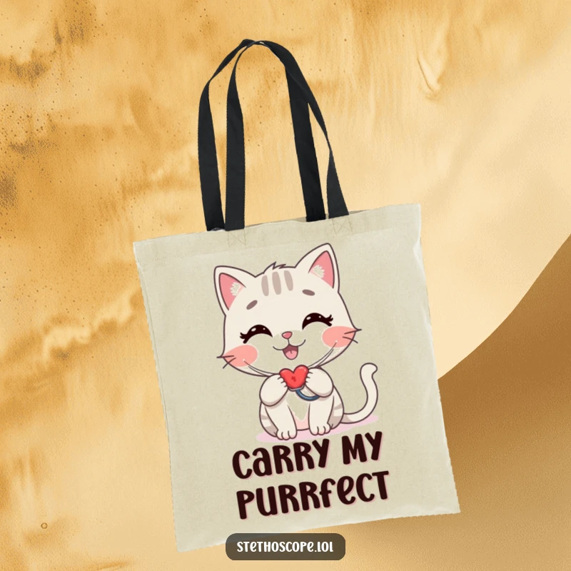 Funny cat doctor tote bag, a stylized happy cat checking a heartbeat with a stethoscope, ideal humorous accessory.