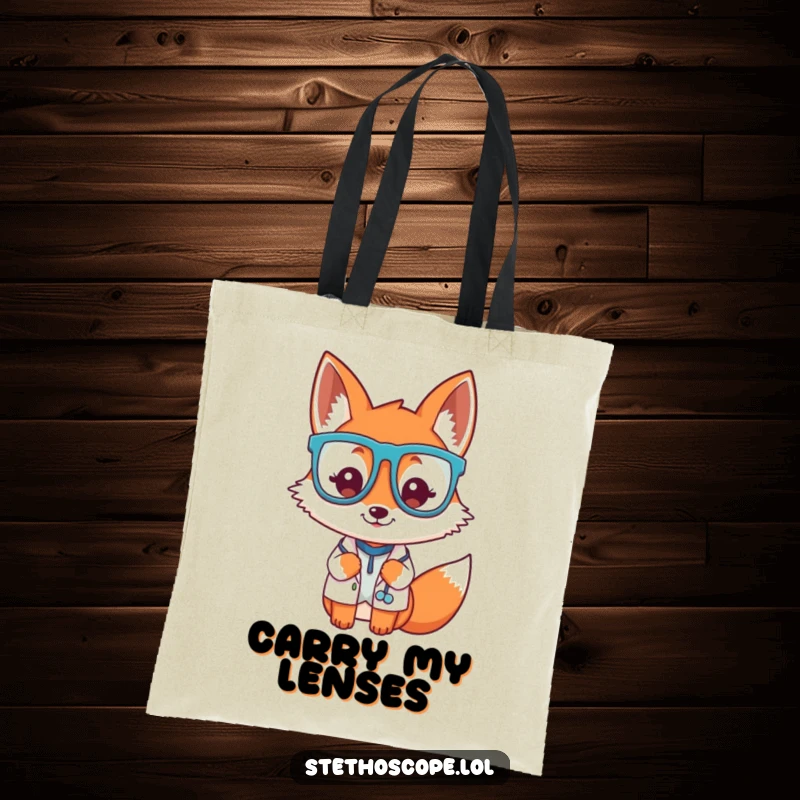 Funny playful fox doctor character wearing oversized glasses, a stylish and humorous tote bag.