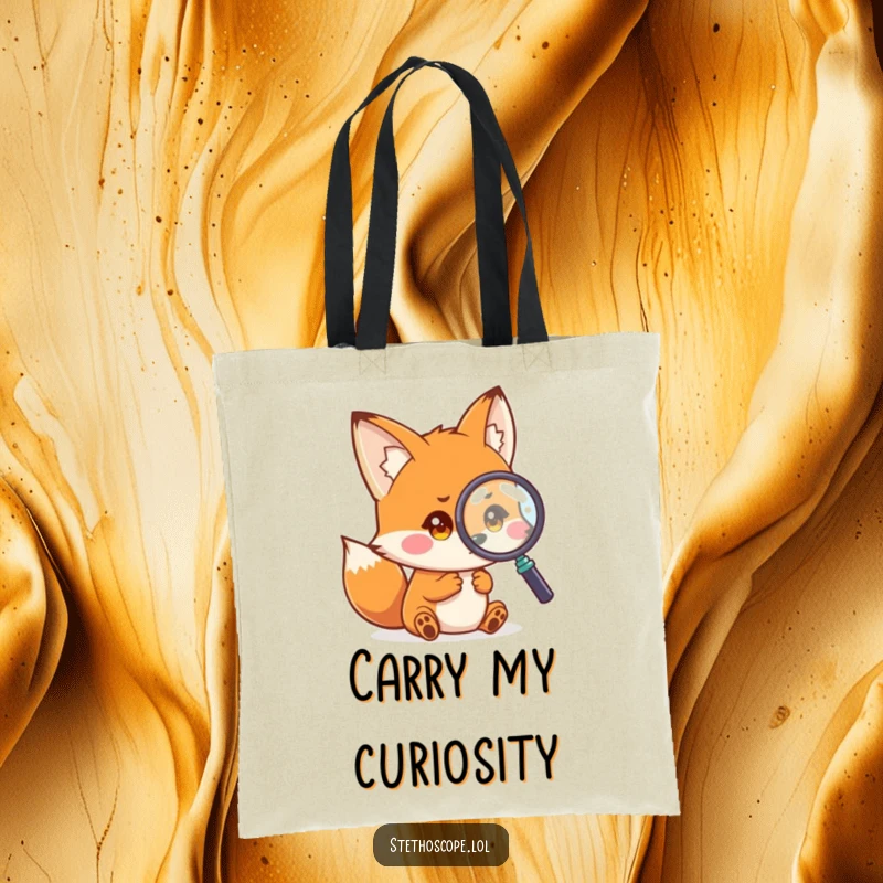 Funny fox tote bag, a playful small fox examining a magnified image with curious eyes, ideal humorous accessory.