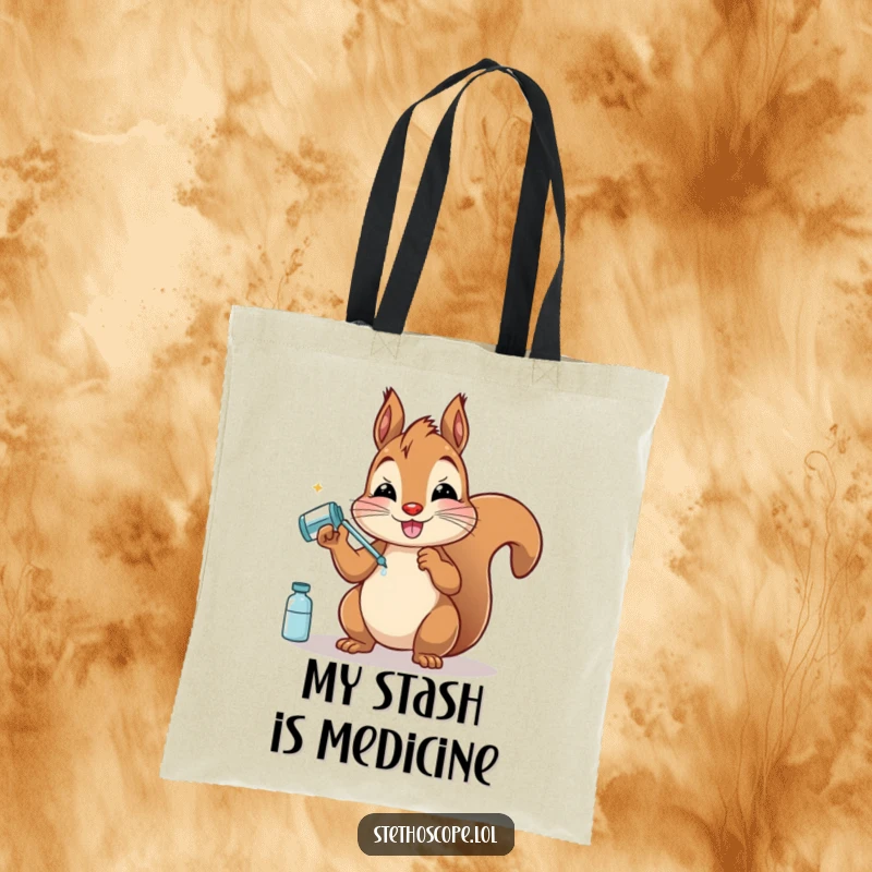 Funny Squirrel Doctor Tote Bag: A happy squirrel holding pretend medicine, perfect for carrying daily items with a dash of humor.