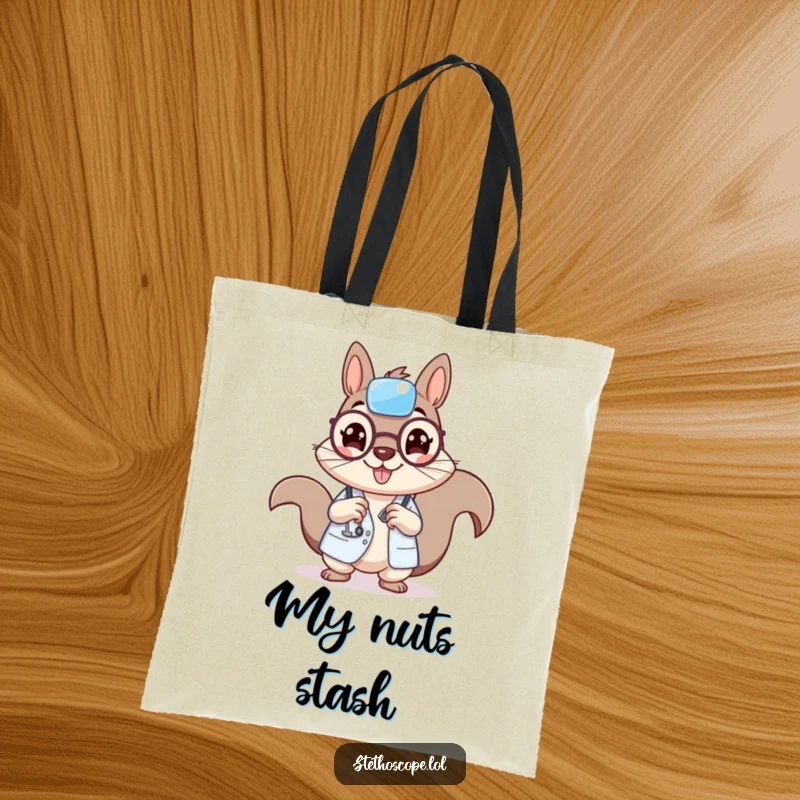 Funny squirrel doctor tote bag, featuring a cheerful squirrel with a tiny bandage, ready for errands.